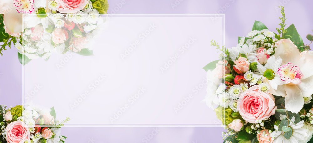 Top view flower bouquet on purple background with gift boxes copy space flat lay - obrazy, fototapety, plakaty 