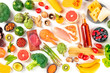 © laplateresca - Food assortment, a flat lay of various products, with meat, fish, chicken and shrimps, vegetables and fruits, wine and cheese, shot from above on a white background