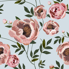 Large Beige Pink Buds And Peonies Flowers Surrounded By Green Leaves On A White Background. Floral Seamless Pattern.