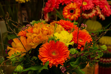 Flower shop prepared flower bloom, florist work wirth gerbera