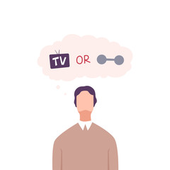 Poster - Man Trying to Make Decision, Guy hoosing Between Healthy and Unhealthy Lifestyle Flat Vector Illustration