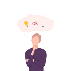 Poster - Man Trying to Make Decision, Incandescent or Energy Saving Lamp, Guy Thinking about Environmental Protection Flat Vector Illustration