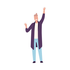 Sticker - Smiling Man Standing with Raising Hands, Faceless Male Character Dancing at Party, Having Fun or Celebrating Success Flat Vector Illustration