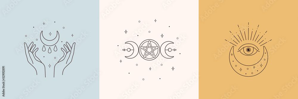 Mystic boho logo, design elements with moon, hands, star, eye. Vector magic symbols isolated on white background - obrazy, fototapety, plakaty 