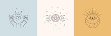 Mystic Boho Logo, Design Elements With Moon, Hands, Star, Eye. Vector Magic Symbols Isolated On White Background