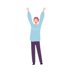 Sticker - Smiling Young Man with Raising Hands, Male Character Dancing at Party, Having Fun or Celebrating Success Flat Vector Illustration