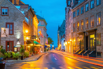 old town area in quebec city, canada at twilight