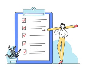 Wall Mural - Woman ticking off tasks on checklist flat vector illustration. Businesswoman holding pencil and making notes and marks on paper document form in clipboard. Business, office and achievement concept