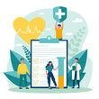 Patients and doctor advertising health insurance. People presenting medical checklist. Vector illustration for healthcare, protection, security, medical service concept