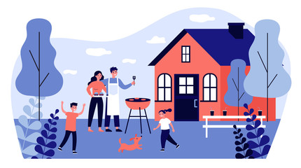 Wall Mural - Happy family doing barbecue at garden flat vector illustration. Mother and father cooking outdoor near house. Kids playing with dog at backyard. BBQ party and weekend concept