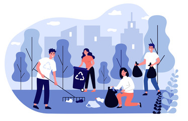 Happy volunteers collecting garbage in city park flat vector illustration. People cleaning environment nature in team. Ecology and clean planet concept