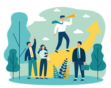 Group Leader With Spyglass Looking Far Away. Business Team Standing Near Increase Chart. Vector Illustration For Leadership, Challenge, Training, Planning Concept