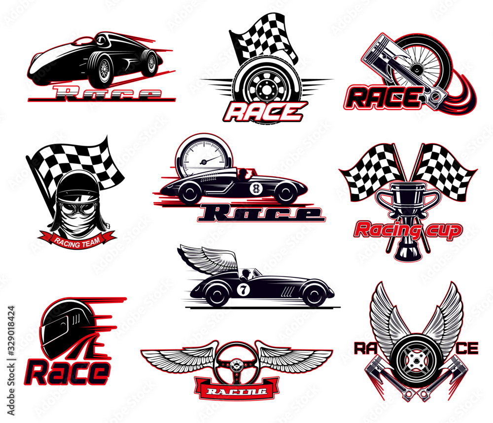 Bracket Racing Logos Car race, motor racing isolated vector icons set. Motorsport and racing ...