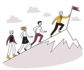 Wall Mural - People running for leader uphill, setting flag on top. Business team climbing mountain peak. Vector illustration for leadership, challenge, winning, success, goal concept