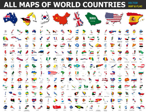 Fototapete - All maps of world countries and flags . Collection of outline shape of international country map with shadow . Flat design . Vector .