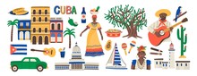 Set Of Various Traditional Cuba Colorful Attributes Vector Flat Illustration. Collection Of Cuban Culture, Ethnic People, Architecture, Cigar, Musical Instrument, Rum, Fruits, Flag Isolated On White