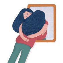 Woman Hugging With Her Reflection In The Mirror, Self-acceptance, Self Care Concept, Flat Raster Illustration. Young Woman Hugging, Embracing Her Reflection, Metaphor Of Unconditional Self Acceptance