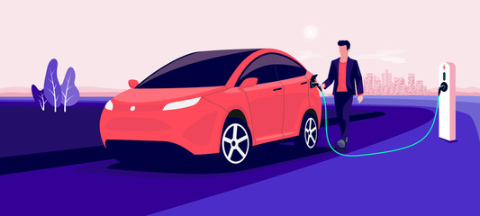 Wall Mural - Electric car charging on pink city skyline landscape. Vector illustration of man hand holding charger station plug cable plugged in battery EV vehicle. Modern automobile being charged by driver.