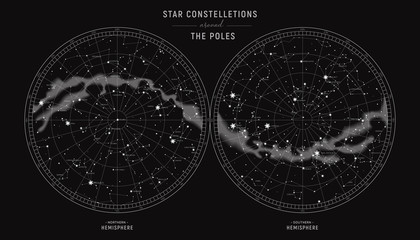 Star constellations around the poles. Nothern and Southern high detailed star map with symbols and signs of zodiac. Astrological celestial map
