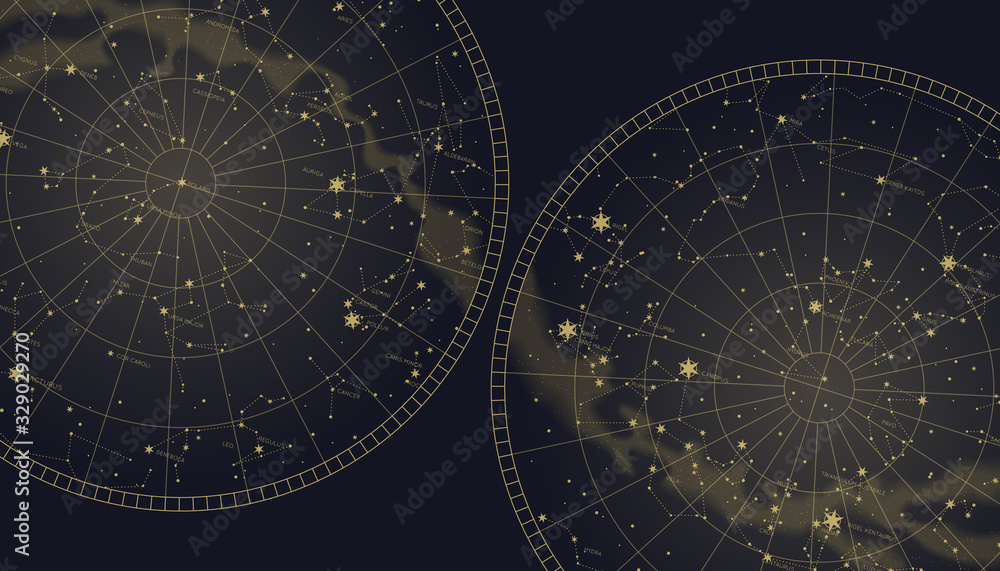 Poster witn star constellations southern and northern map. Gold signs and symbols of zodiac. Astrological celestial maps - obrazy, fototapety, plakaty 
