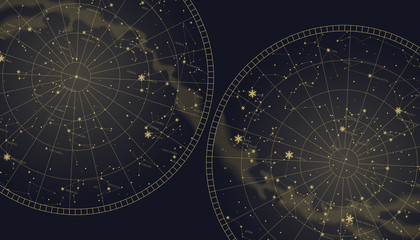 poster witn star constellations southern and northern map. gold signs and symbols of zodiac. astrolo