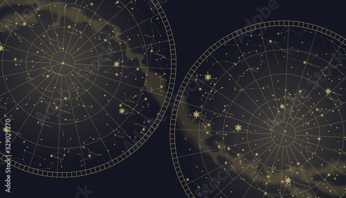 Fotografía Poster witn star constellations southern and northern map