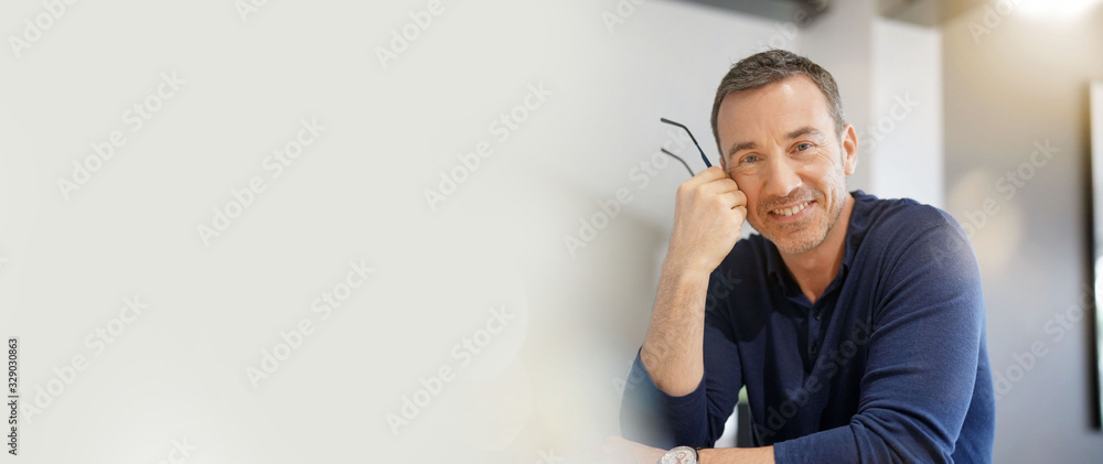 Template portrait of middle-aged man with blue shirt - obrazy, fototapety, plakaty 