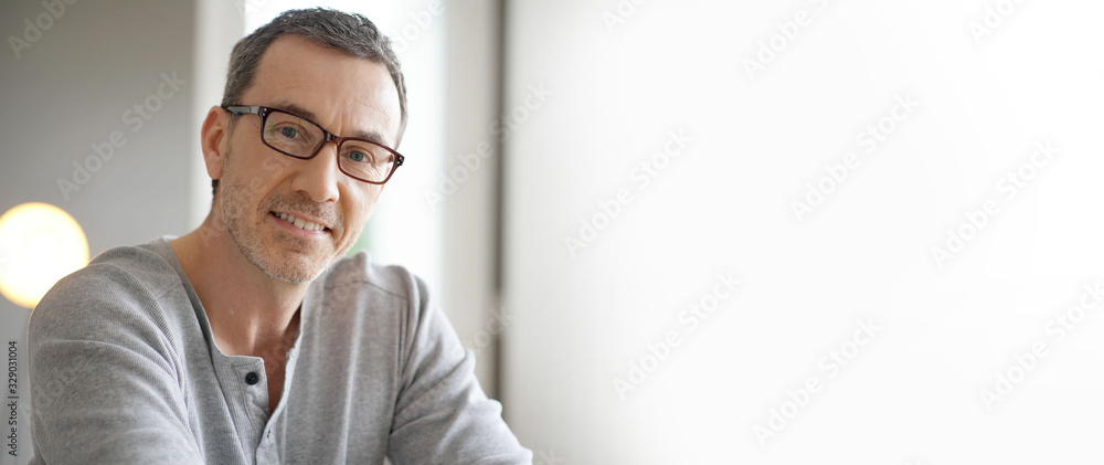 Template portrait of smiling middle-aged man with eyeglasses - obrazy, fototapety, plakaty 