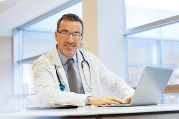 Wall Mural - Doctor in hospital office working on laptop