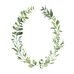 Wall Mural - Watercolor oval wreath with greenery leaves branch twig plant herb flora isolated on white background. Botanical spring summer leaf decorative illustration for wedding invitation card