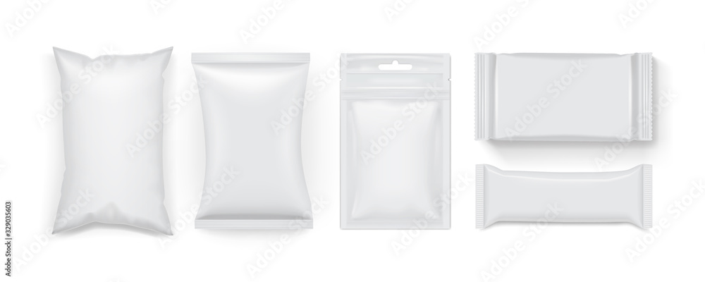 collection of different white food packaging isolated on white background mock up template - obrazy, fototapety, plakaty 