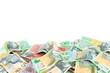 Group of colorful australian money banknote dollar (AUD) pile on white background have copyspace on top for put text