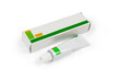 Box and tube with healing ointment on white background