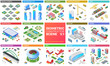 Isometric scene vector design kit: skyscrapers city, buildings, shopping mall, road and street, cottage, bridge, cars, ship boat, airport, stadium, farm, landscape.
