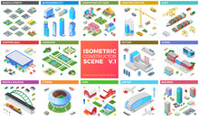 Isometric Scene Vector Design Kit: Skyscrapers City, Buildings, Shopping Mall, Road And Street, Cottage, Bridge, Cars, Ship Boat, Airport, Stadium, Farm, Landscape.