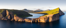 Aerial View From Drone Of Sorvagsvatn Lake On Cliffs Of Vagar Island In Sunset Time, Faroe Islands, Denmark. Landscape Photography