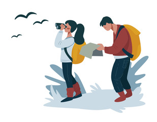 Wall Mural - hiking or backpacking, couple walking with map and binocular, way searching