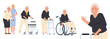 Grandmother in a wheelchair, granny with a paddle walker and an elderly woman with a walking stick and a nurse.