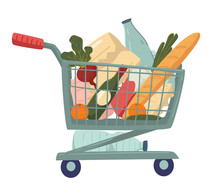Grocery Products And Supermarket Food, Shopping Trolley Or Cart