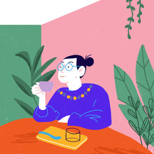 Girl Drinking Tea In A Coffee Shop Full Of Plants