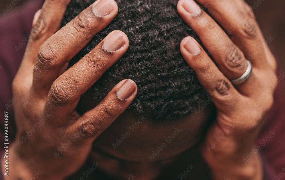black african american man depicting a sad depressive state, depression concept - obrazy, fototapety, plakaty 