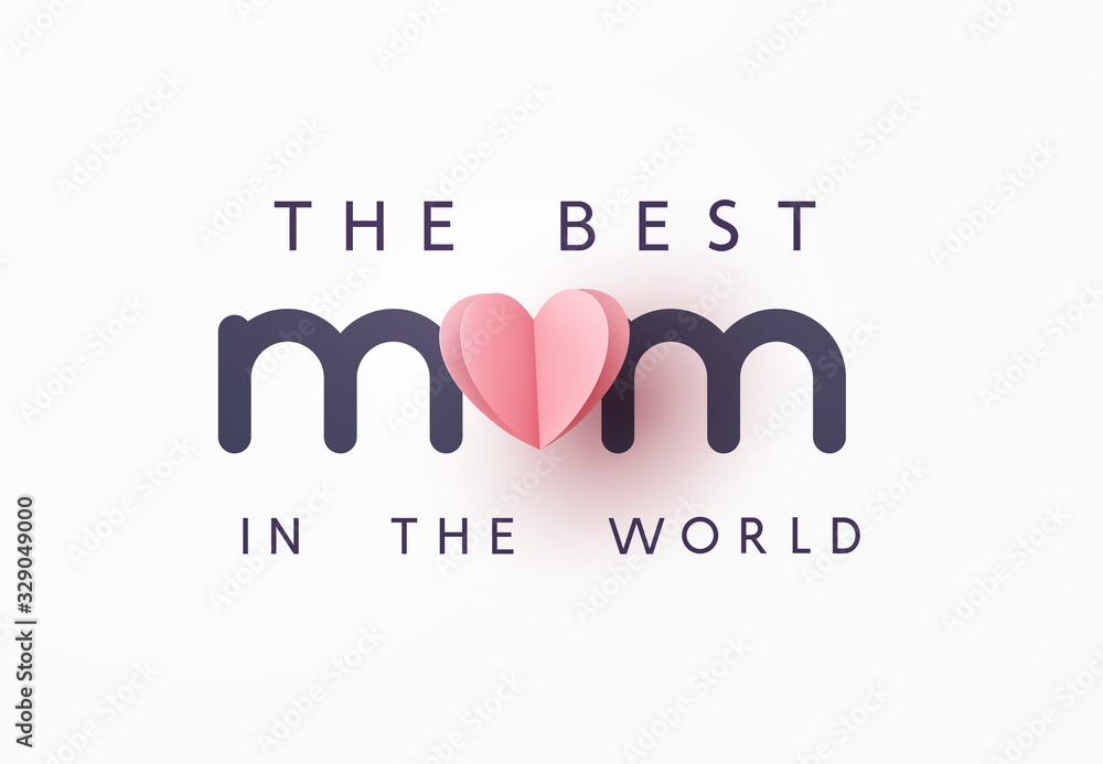 Mother's day greeting card. Vector pink love symbol in shape of heart and the best Mom text on gray background. . - obrazy, fototapety, plakaty 
