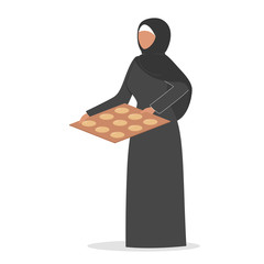 Poster - Muslim woman with baking sheet and cookie on it. Arabian woman