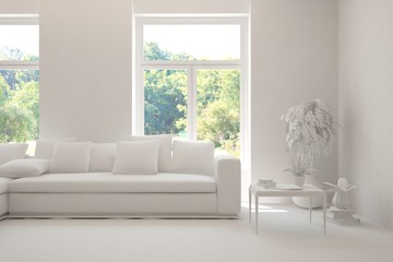 Mock up of stylish room in white color with sofa and green landscape in window. Scandinavian interior design. 3D illustration