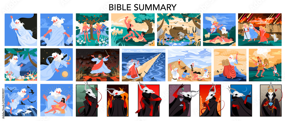 Bible narratives and seven deadly sins set. Adam and Eve, Noeh - obrazy, fototapety, plakaty 