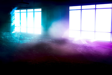 Wall Mural - dark room with spotlight windows on a concentrate floor. with ultraviolet color filter 