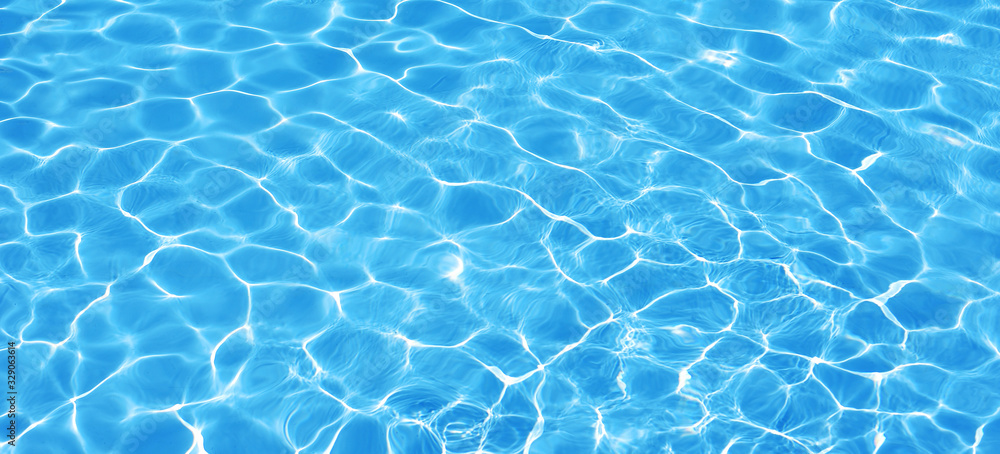Water background, ripple and flow with waves. Summer blue swiming pool pattern. Sea, ocean surface. Overhead top view with place for text. Panoramic banner - obrazy, fototapety, plakaty 
