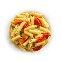 Wall Mural - Italian pasta Tortiglioni with cherry tomatoes and sauce. View from above. On white background