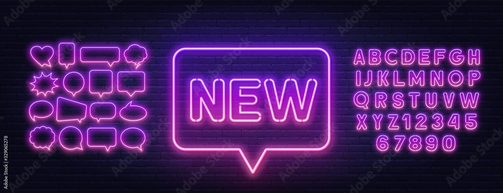 Neon sign new on a brick wall background. Bright gradient neon font and speech bubble frame. Template for design. - obrazy, fototapety, plakaty 