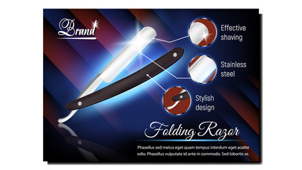 Wall Mural - Folding Razor Barber Tool Advertise Poster Vector. Dangerous Iron Razor Instrument. Stylish Design, Effective Shaving And Stainless Steel. Hairdresser Barbershop Equipment 3d Illustration